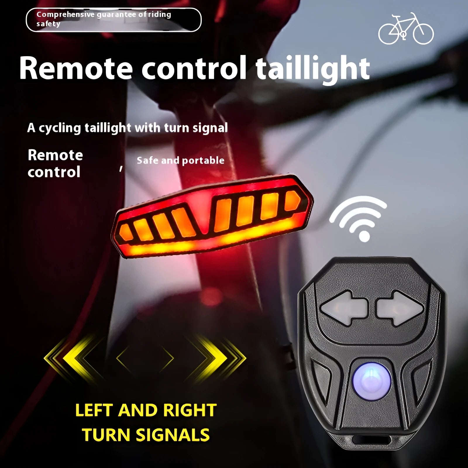 Wireless remote control bicycle taillight with charging cable on black background