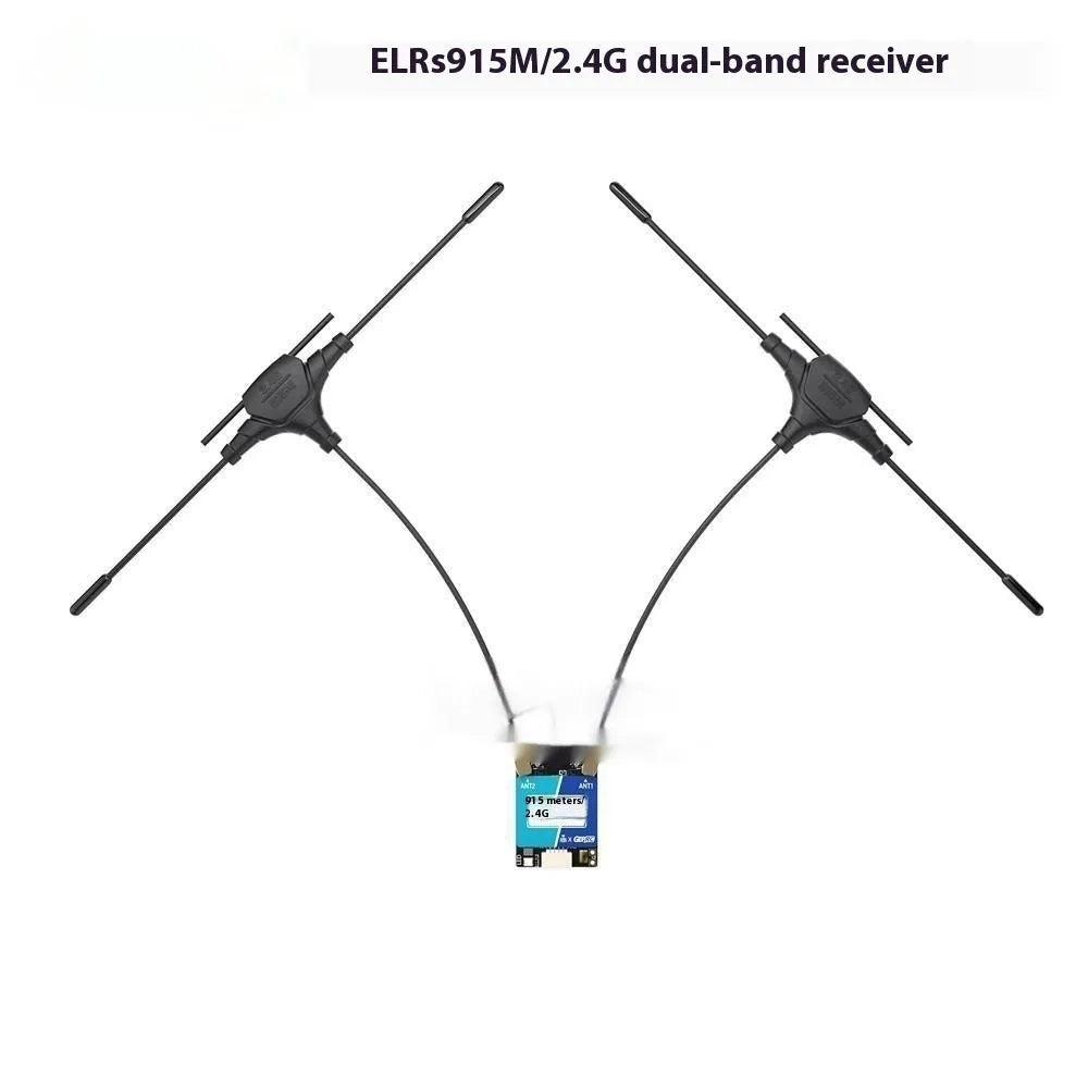 ELRS dual-band 915MHz and 2.4GHz FPV drone receiver kit with T-shaped antennas and accessories.