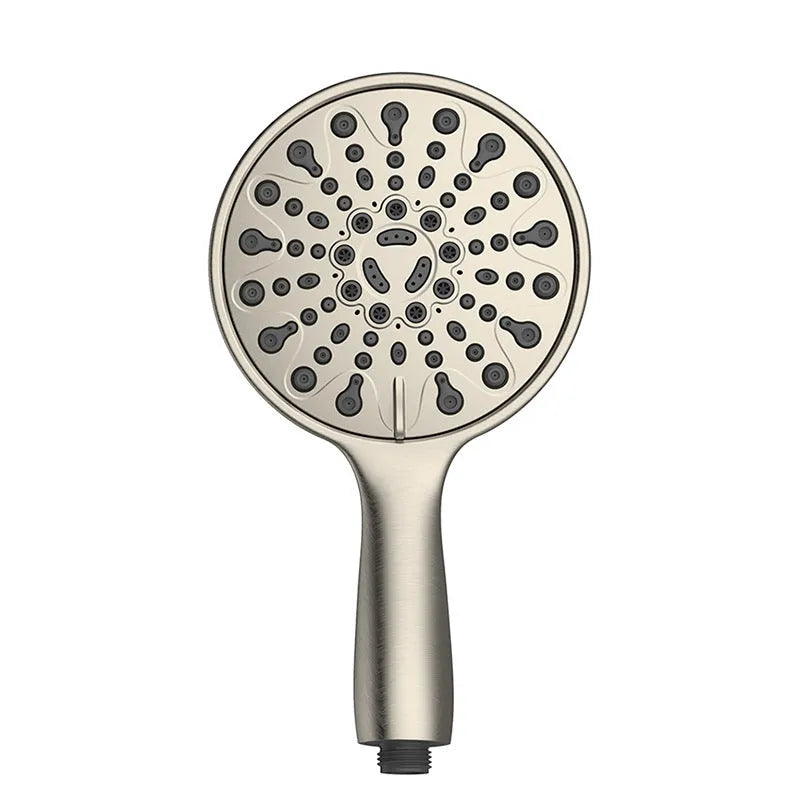 Silver electroplated handheld shower head with massage, bubble, and rain spray settings.