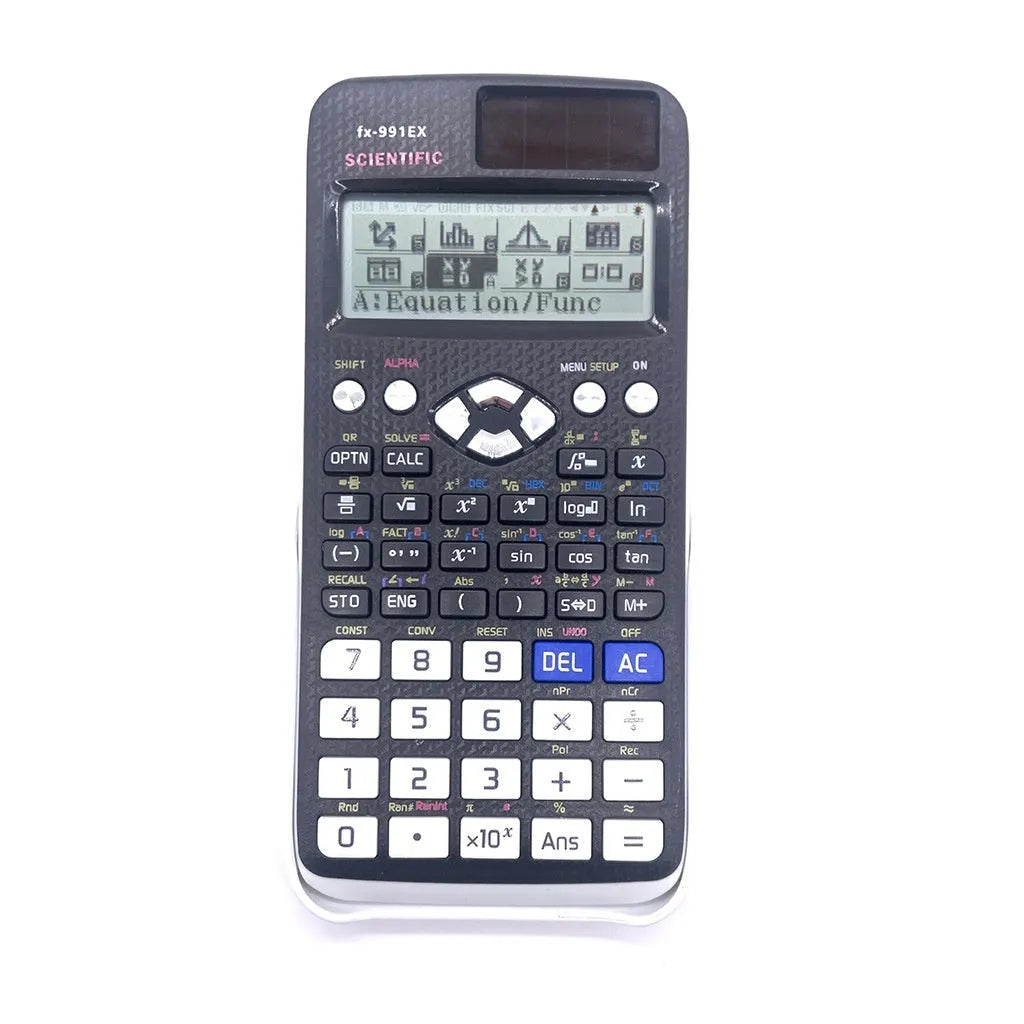 Casio fx-991EX scientific calculator in black, showing high-resolution display with complex formula.