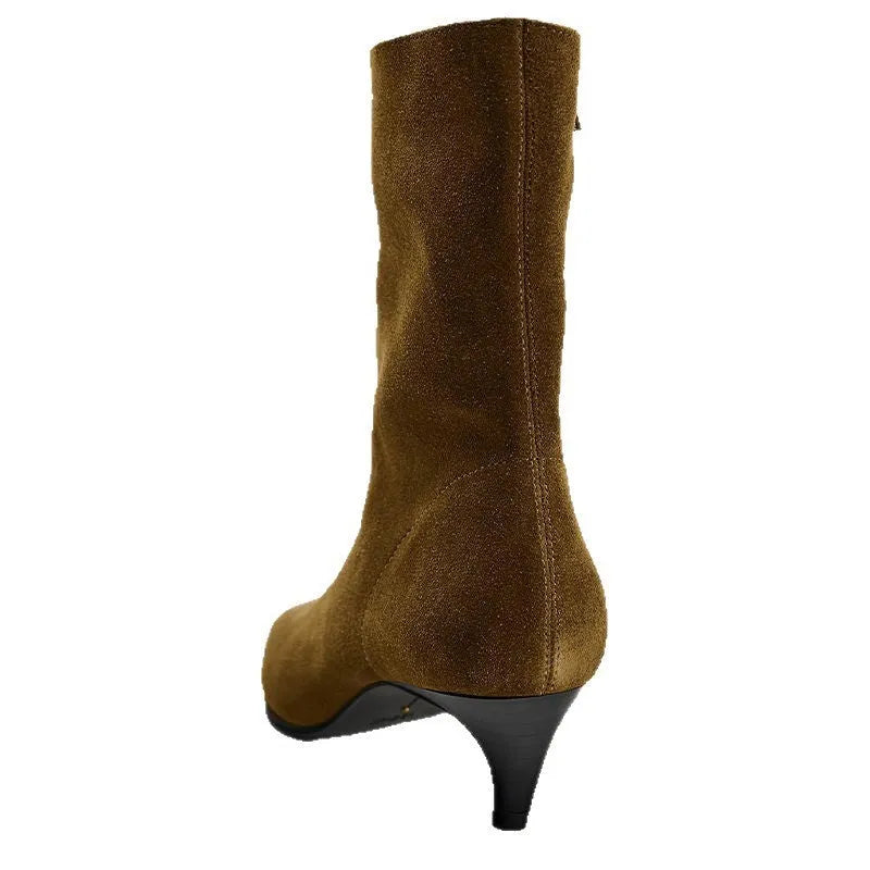 Women's brown square toe ankle boots with a side zip and a stiletto kitten heel on a white background.