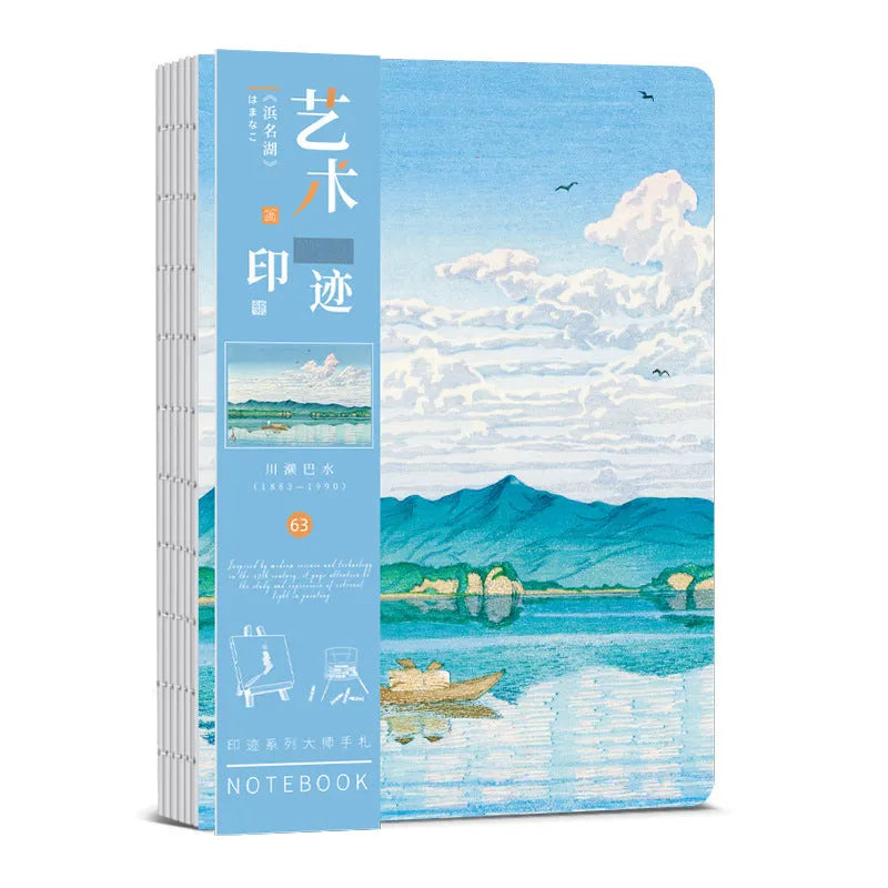 Ukiyo-e Kanagawa wave art cover hand ledger notebook open on a table.