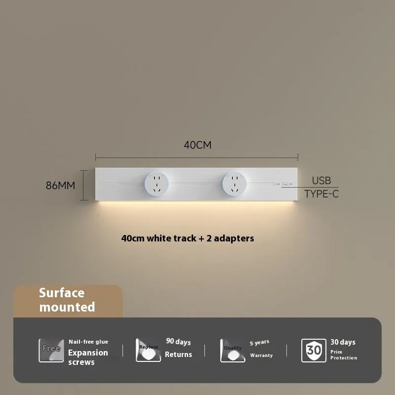 Induction lamp rail socket in black on a sideboard cabinet track with white background