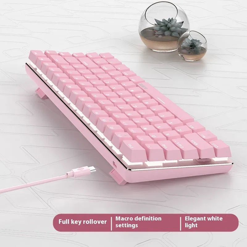 82-key metal mechanical keyboard with white backlight beside laptop