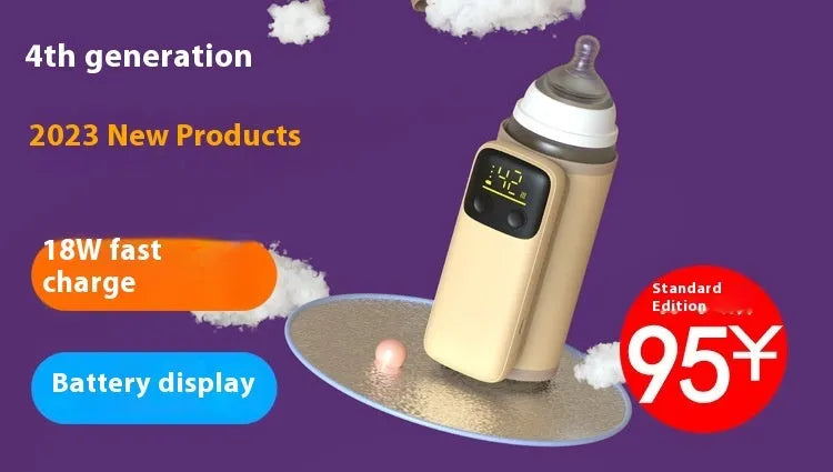 Universal baby bottle insulation warmer with grey sleeve and digital display showing temperature