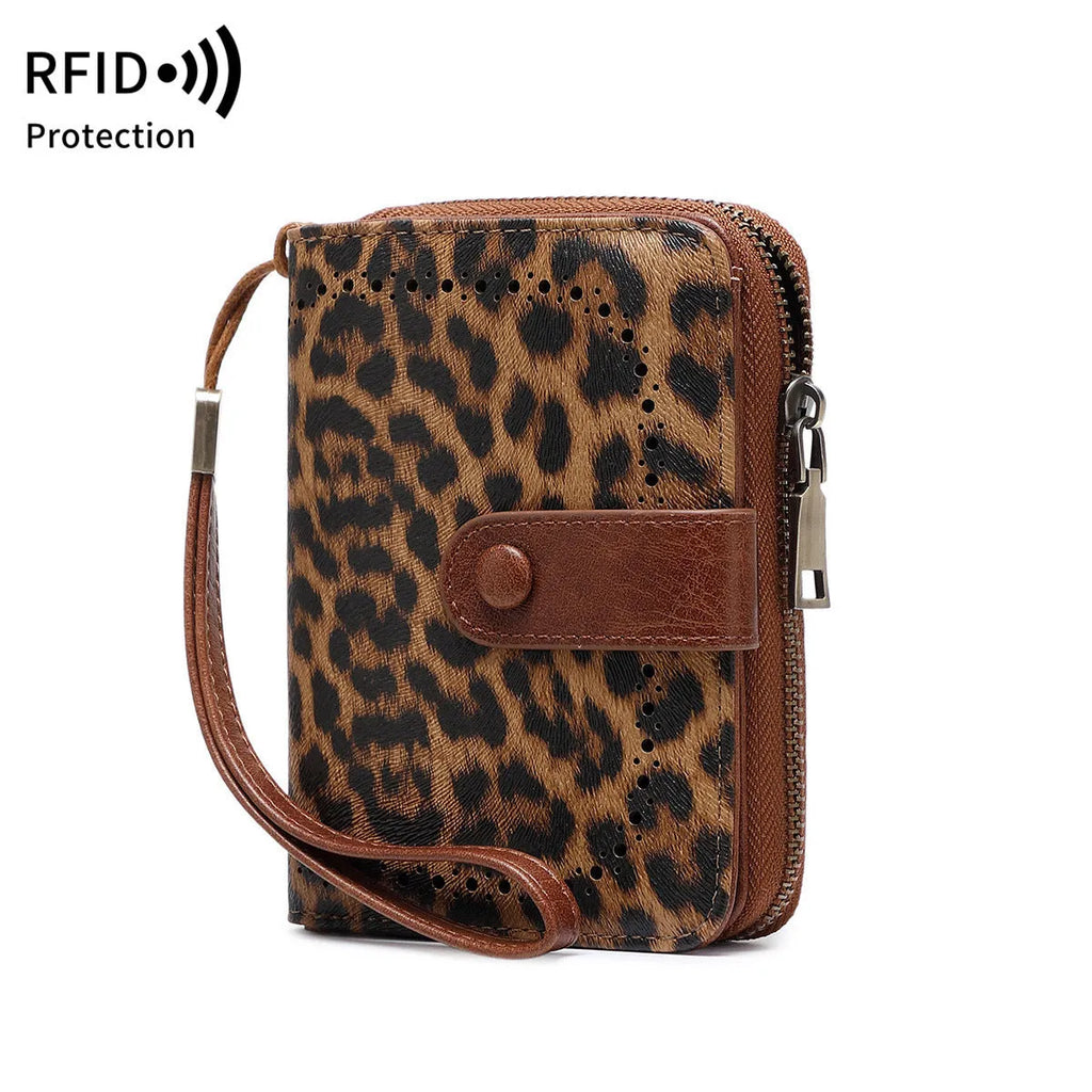 Retro small wallet with zipper closure in leopard print design showing hollow stitching details