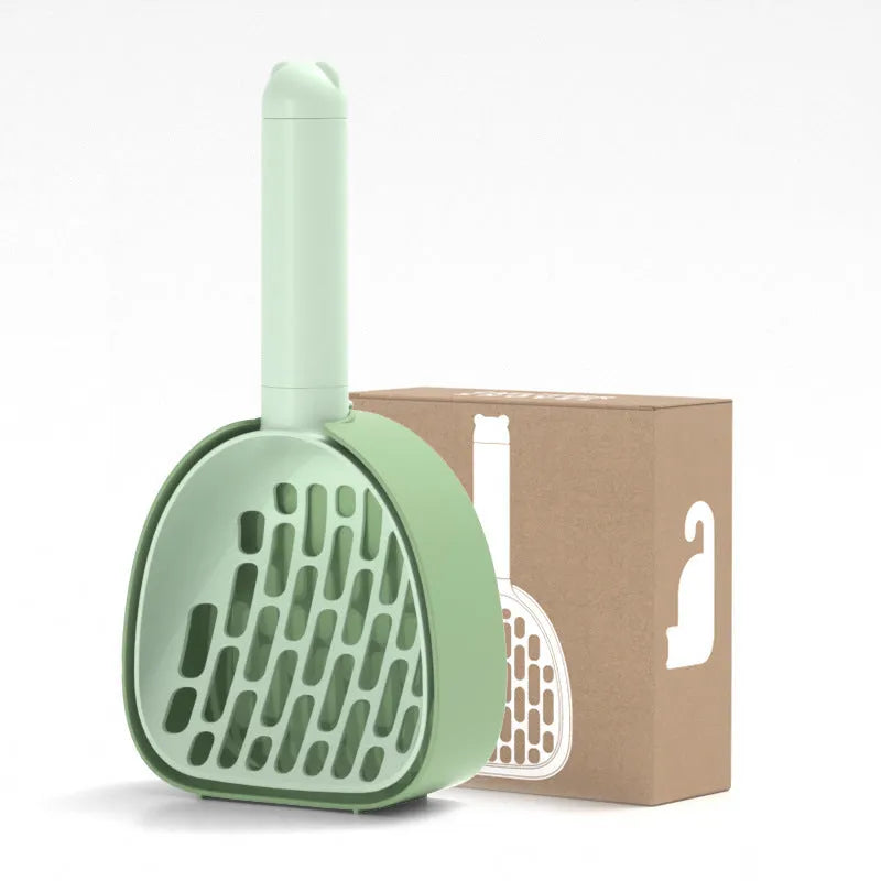 ABS plastic cat litter scoop with base featuring hidden bag storage and wall mounting capability