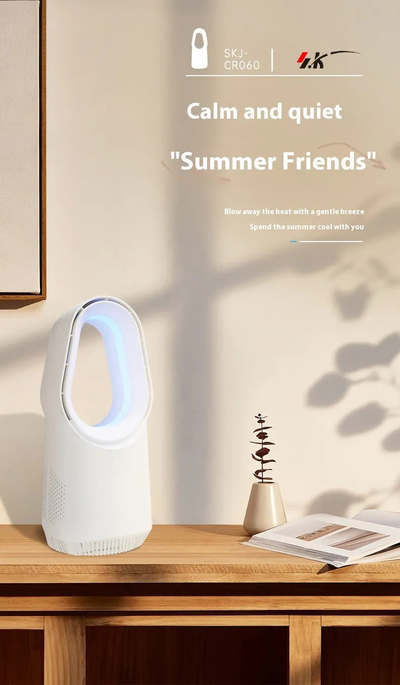 White bladeless tower fan with remote control on wooden floor