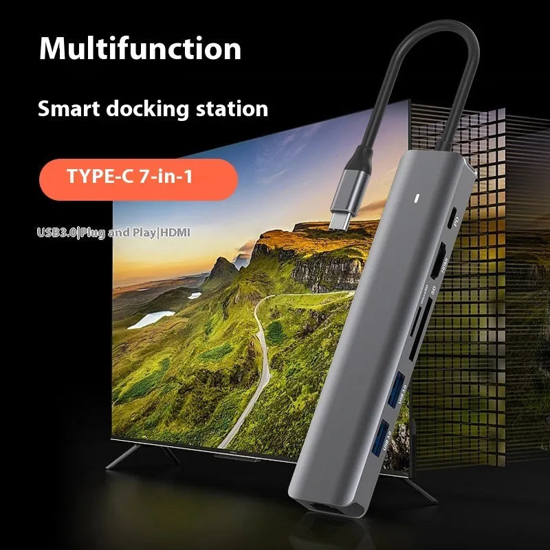 LQT-LH07 7-in-1 USB-C card reader and computer hub with multiple ports.