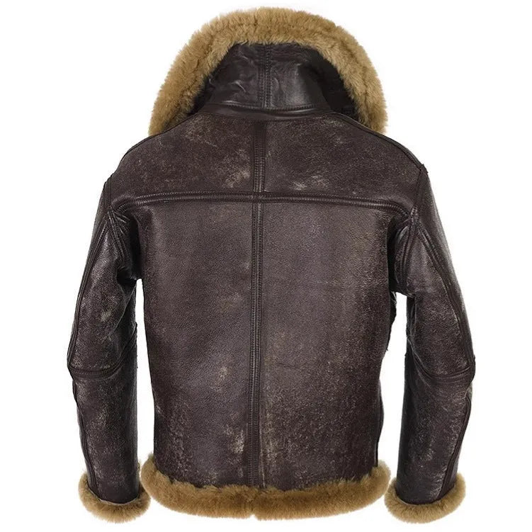 Men's brown retro faux fur coat with synthetic leather construction and side pockets