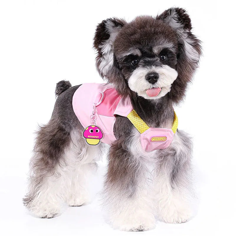 Pink polyester traction vest for small dogs on a Bichon Frisé, showing casual style and lead attachment point.