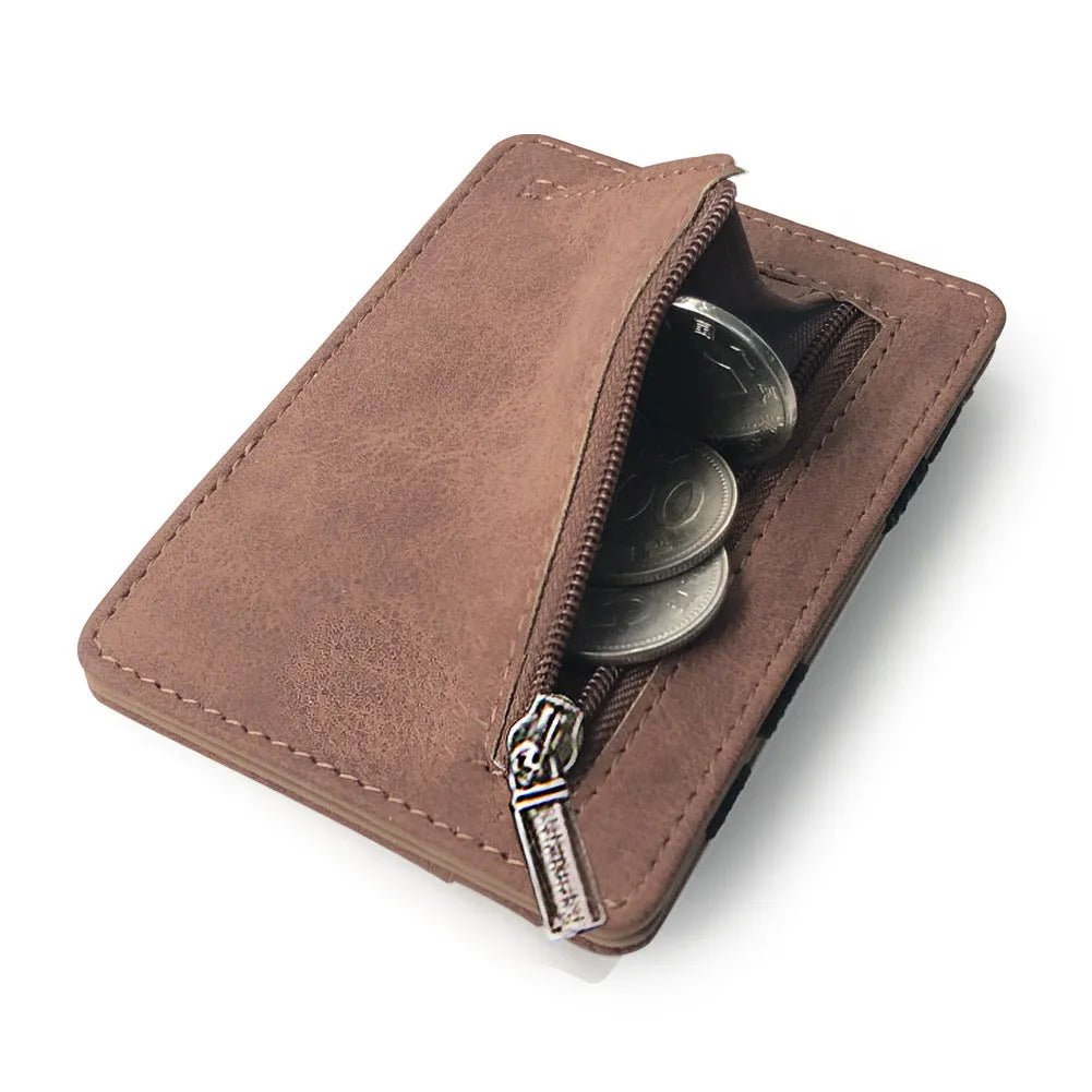 Matte leather Korean style coin purse in a horizontal square shape, showing decorative sewing lines and a coin pocket.