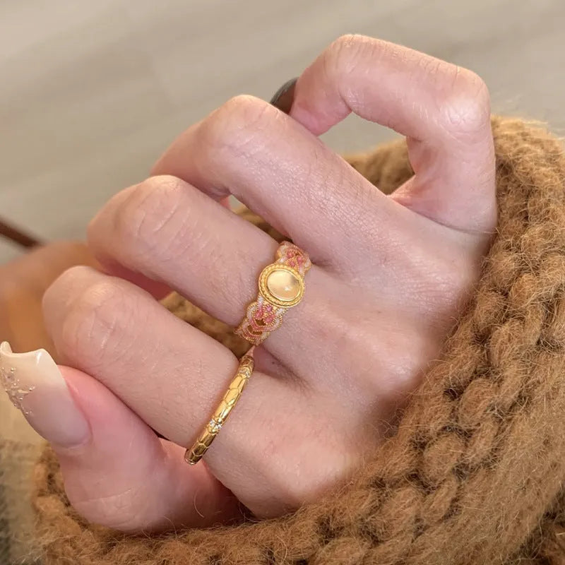 Pink crystal enamel geometric open ring on gold plated copper band for women
