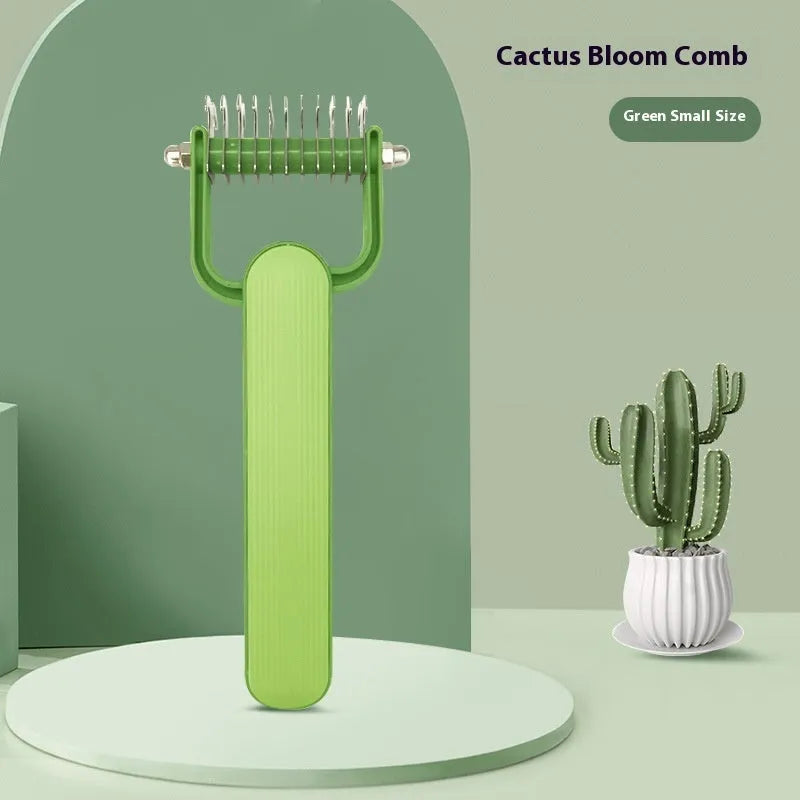 Green and grey dog detangling combs showing small and large size options with stainless steel pins on a PP handle.