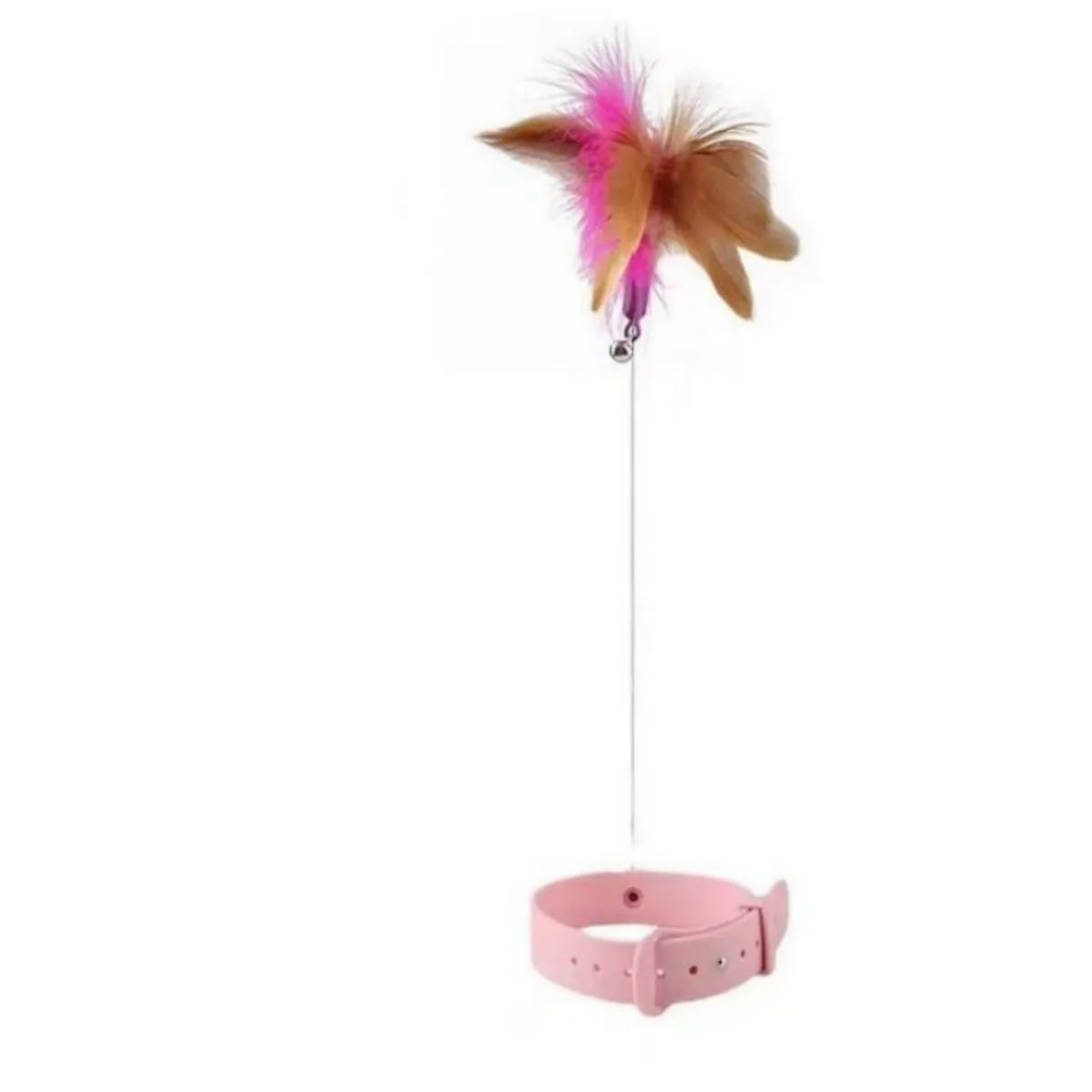 Blue adjustable cat collar toy with silicone teasing wand and feather attachment with bell