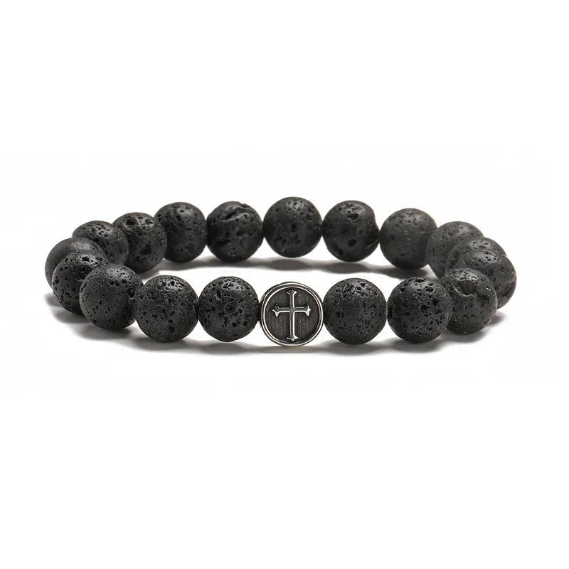 Geometric volcanic rock agate bracelet with 10mm beads and stainless steel finished band