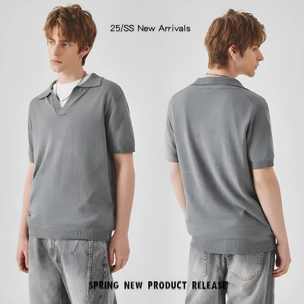 Men's solid colour knitted short-sleeve polo t-shirt on a hanger, shown in grey.