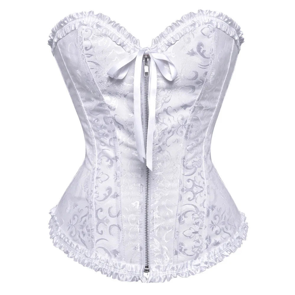 Women's front zip jacquard corset in spandex for waist support and shaping