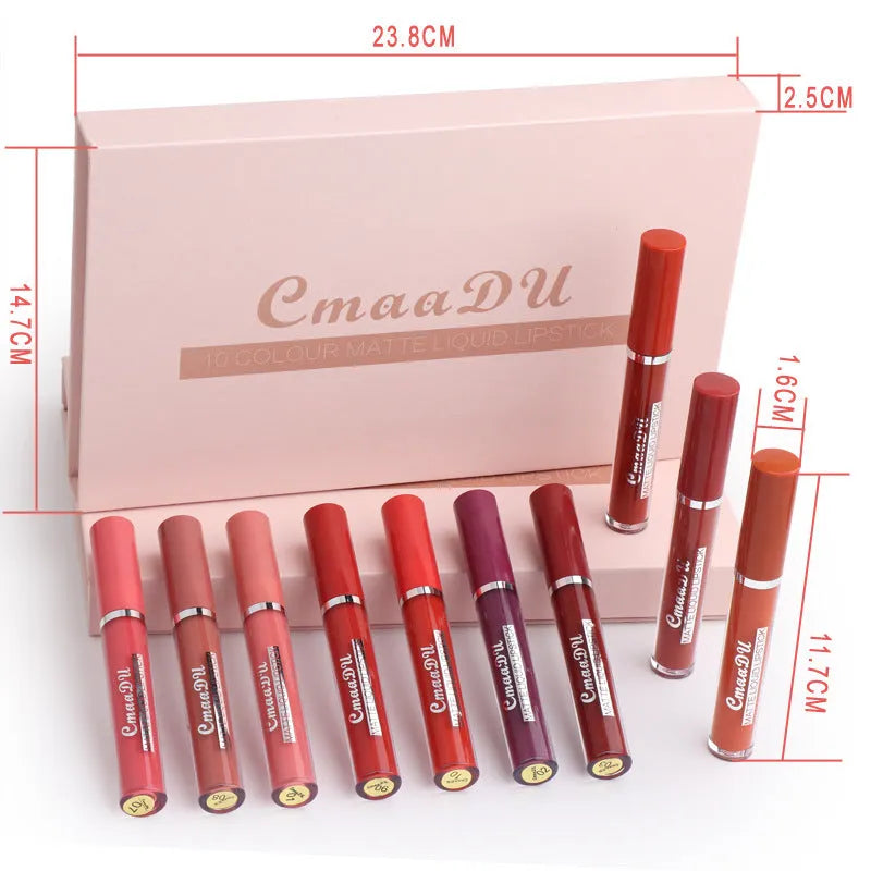 10-piece set of women's matte lipsticks in waterproof non-stick cup formula