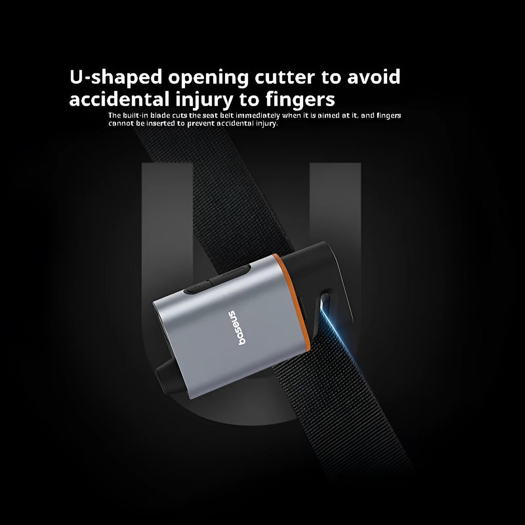 Car safety life hammer in Star Black with aluminium alloy and ABS construction showing charging port and compact body