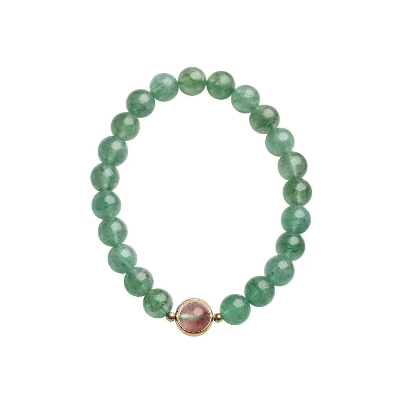 Green strawberry quartz single circle ball bracelet with 7.5mm beads and hand-woven construction