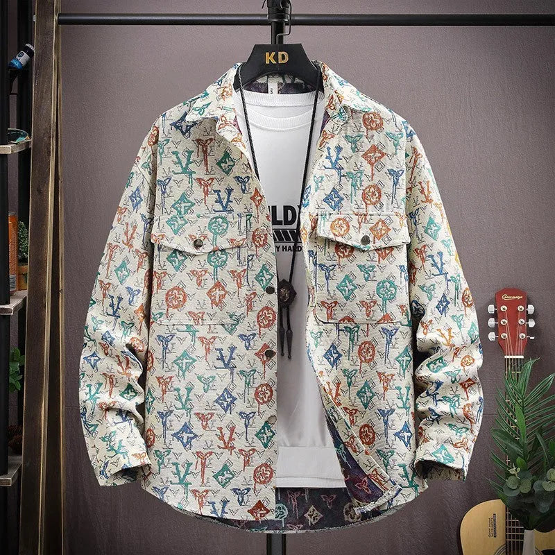 Personality casual lapel shirt coat in a colour option, shown with long sleeves and straight hem.