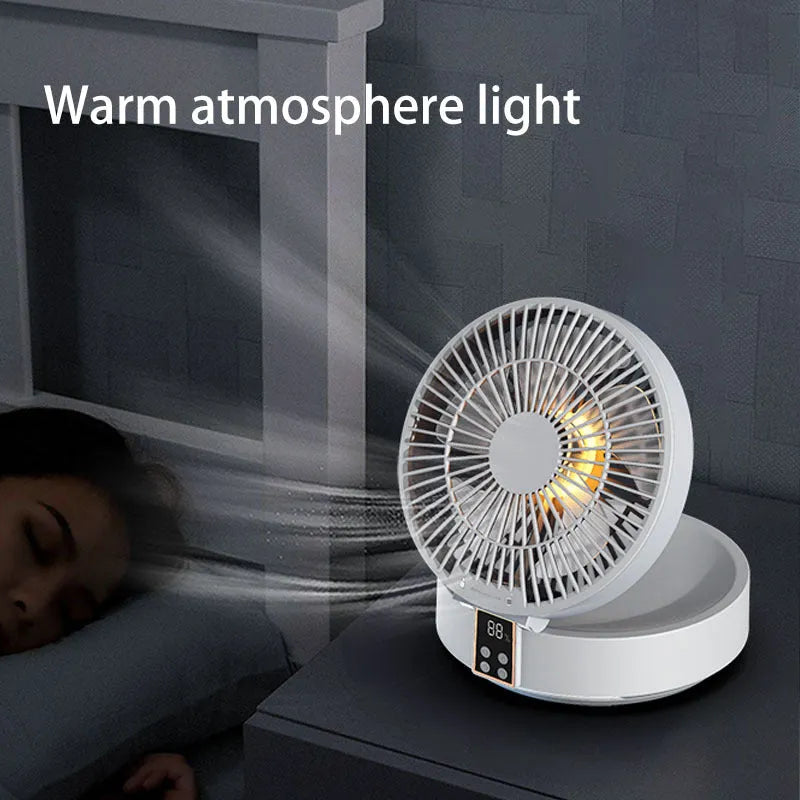 White portable folding fan with remote control showing 90° angle adjustment and detachable cover