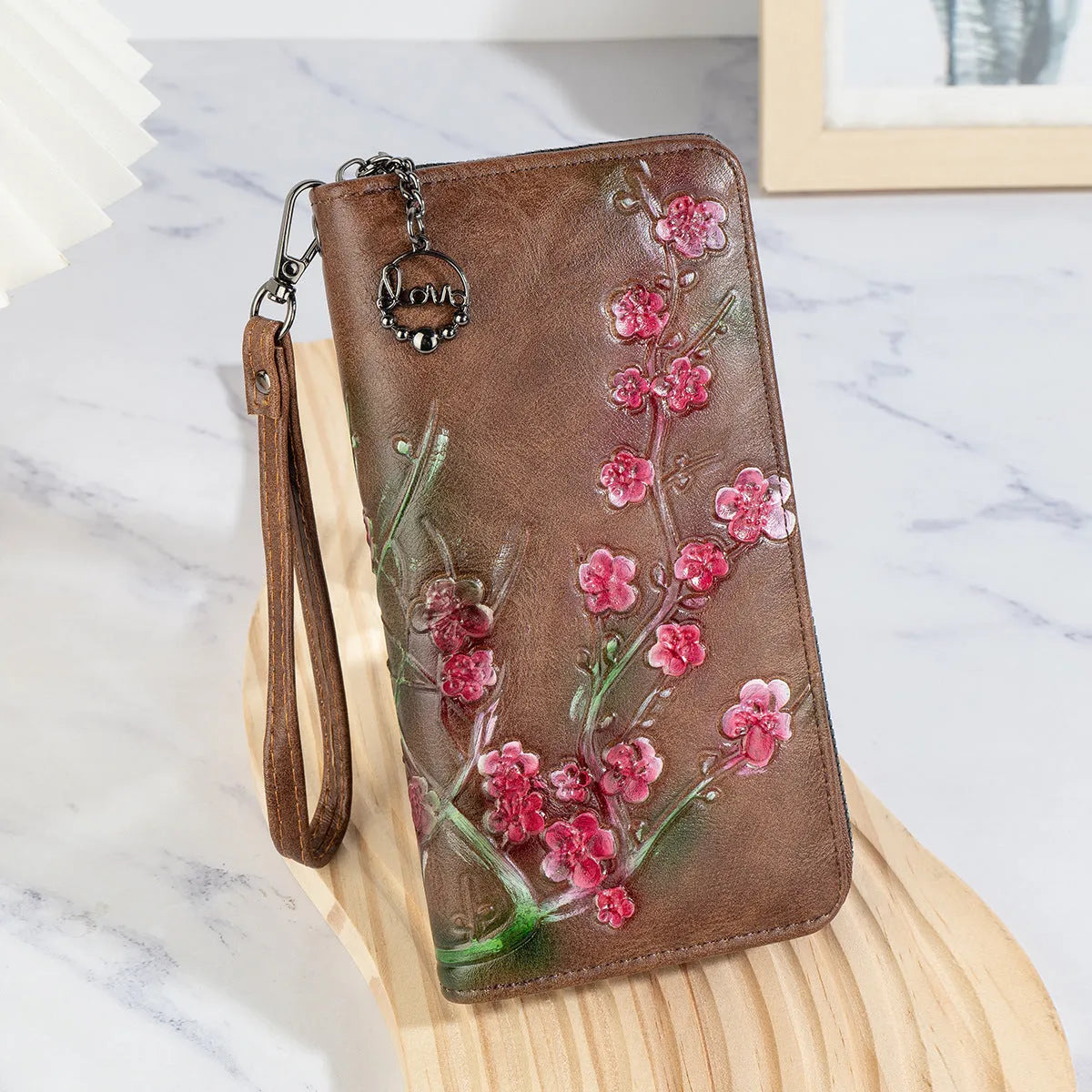 Embossed hand-painted floral pattern Chinese style zipper handbag in PU leather