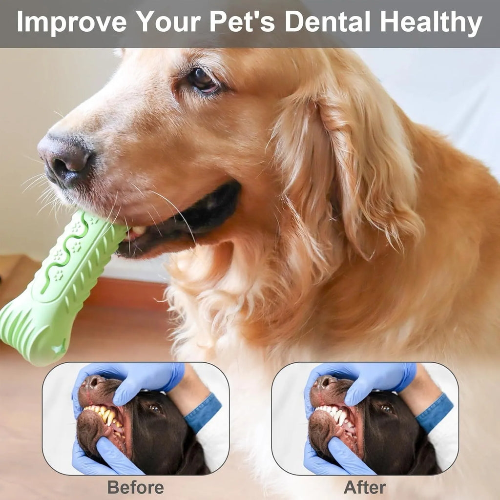 Blue green and orange natural rubber bone-shaped dog chew toy for aggressive chewers on a white background