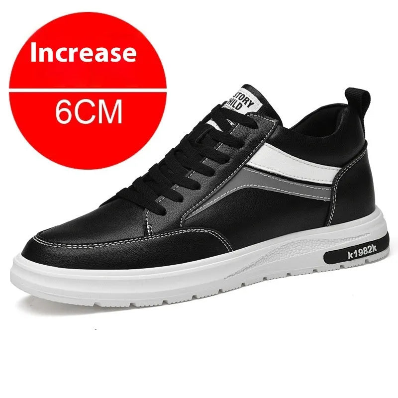 Men's black and white casual sneakers with height-increasing insoles and lace-up design