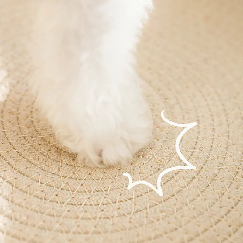 Green oval cat scratcher pad with sisal material and integrated cat bed bowl design