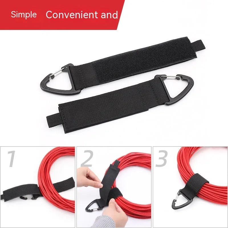 Black adjustable heavy-duty storage strap with gravity climbing button and silver D-ring carabiner hook.