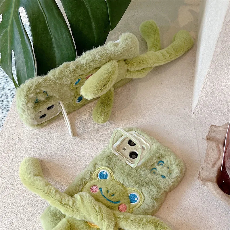 Green cartoon furry frog phone case with pull-out bracket on phone
