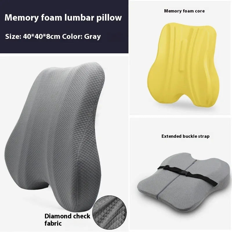 Grey lumbar support cushion for office chair, dimensions 40x40x8cm.