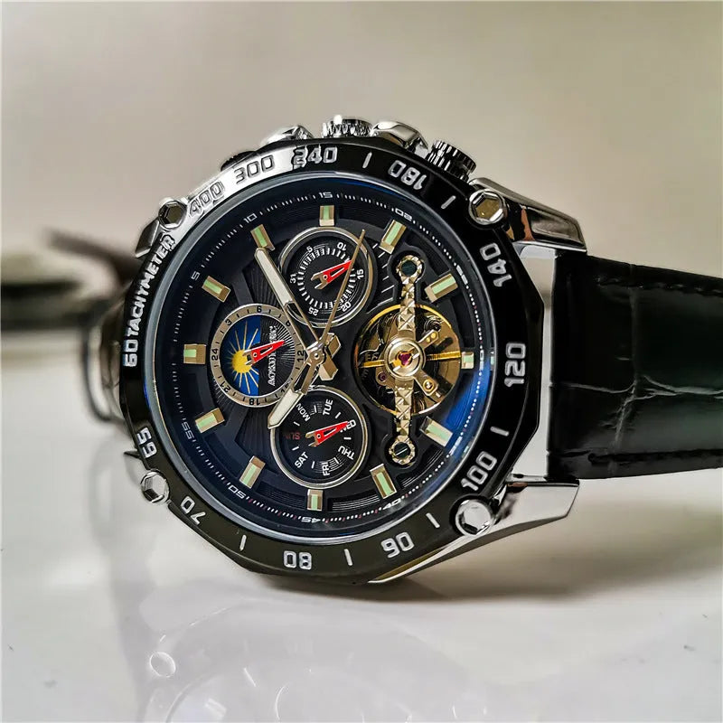Men's automatic mechanical watch showing options for silver, black, and gold steel cases with white or black dials.