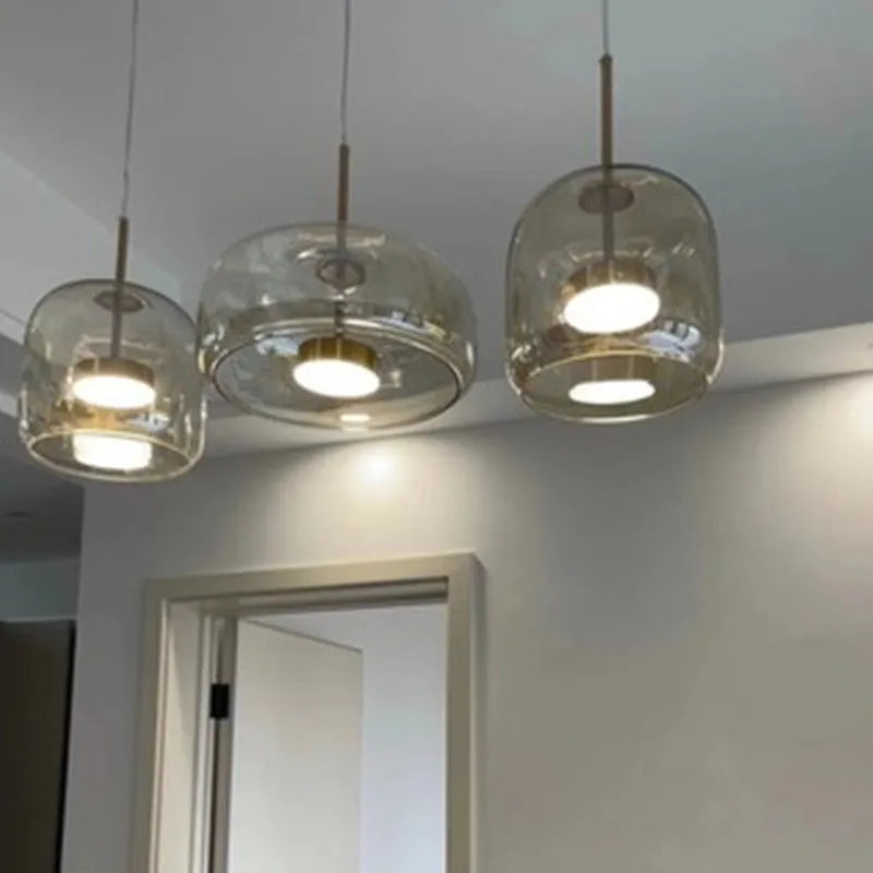 Single head glass pendant lamp with iron body, adjustable 1.5 m drop, in clear, cognac, amber, smoky grey or coffee