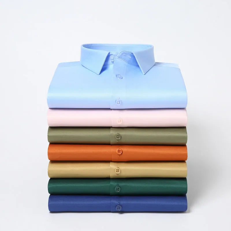 Men's elastic silk long-sleeved non-ironing shirt in loose fit with solid colour