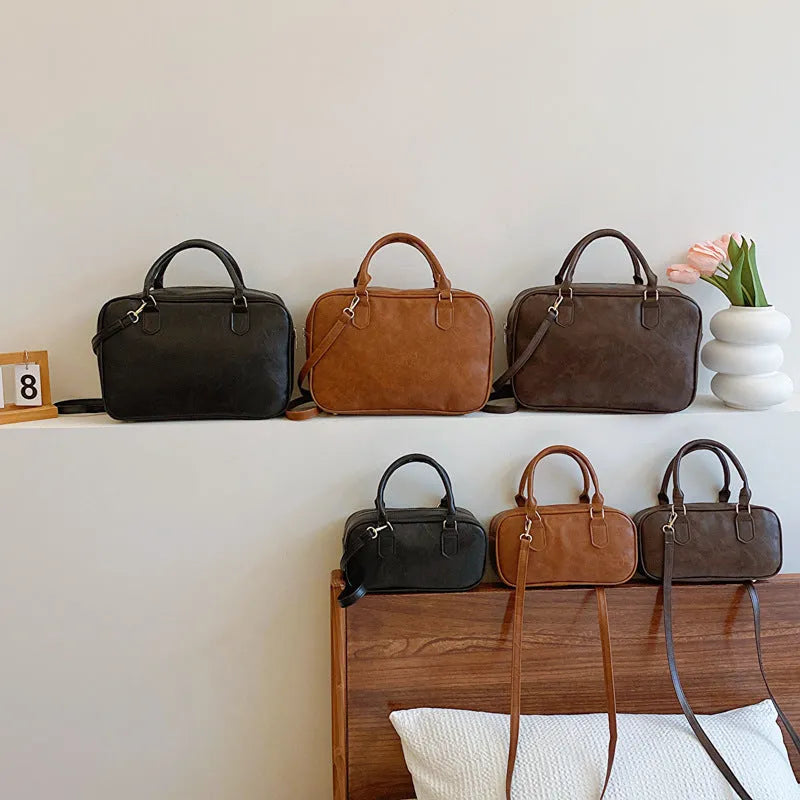 Small PU crossbody bag for women with zipper closure and hidden pocket in Black, Bronze, or Coffee