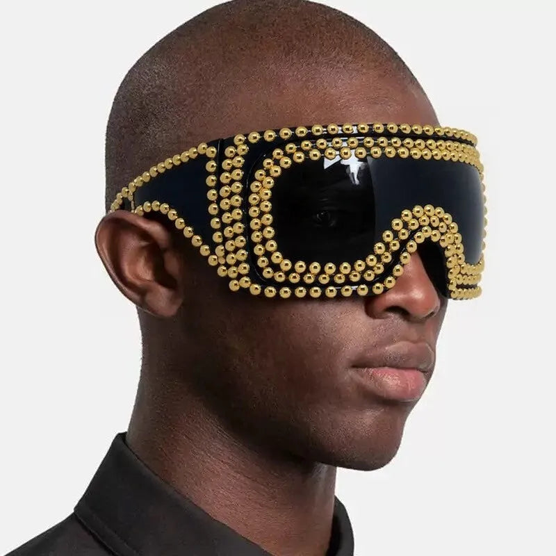 Men's silver square sunglasses with large 140mm rim and rivet details on black background.