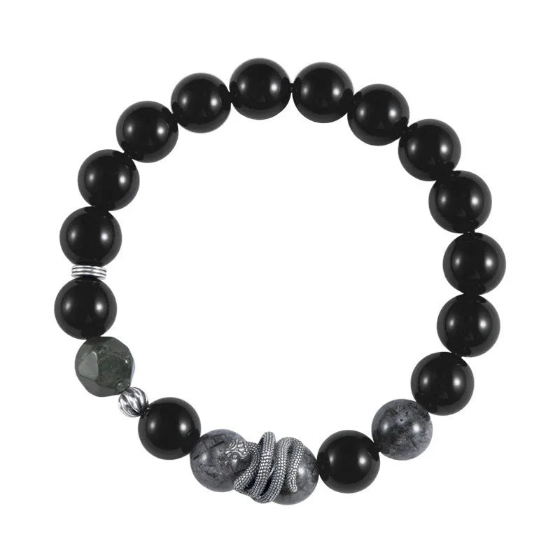 Men's black retro snake bracelet with obsidian crystal on S925 sterling silver band