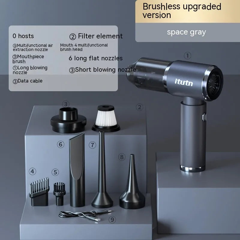 Space grey handheld cordless car vacuum cleaner and inflator with a 6000mAh battery.