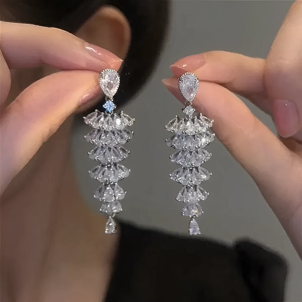 Silver pagoda coloured Christmas tree drop earrings with sparkling zircon accents on copper construction