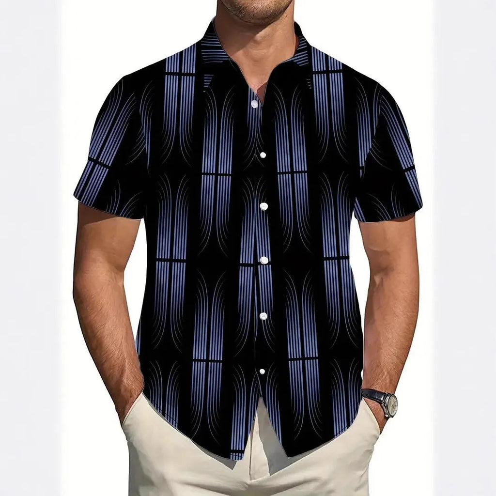 Men's geometric line print short sleeve shirt with lapel neckline in slim fit polyester