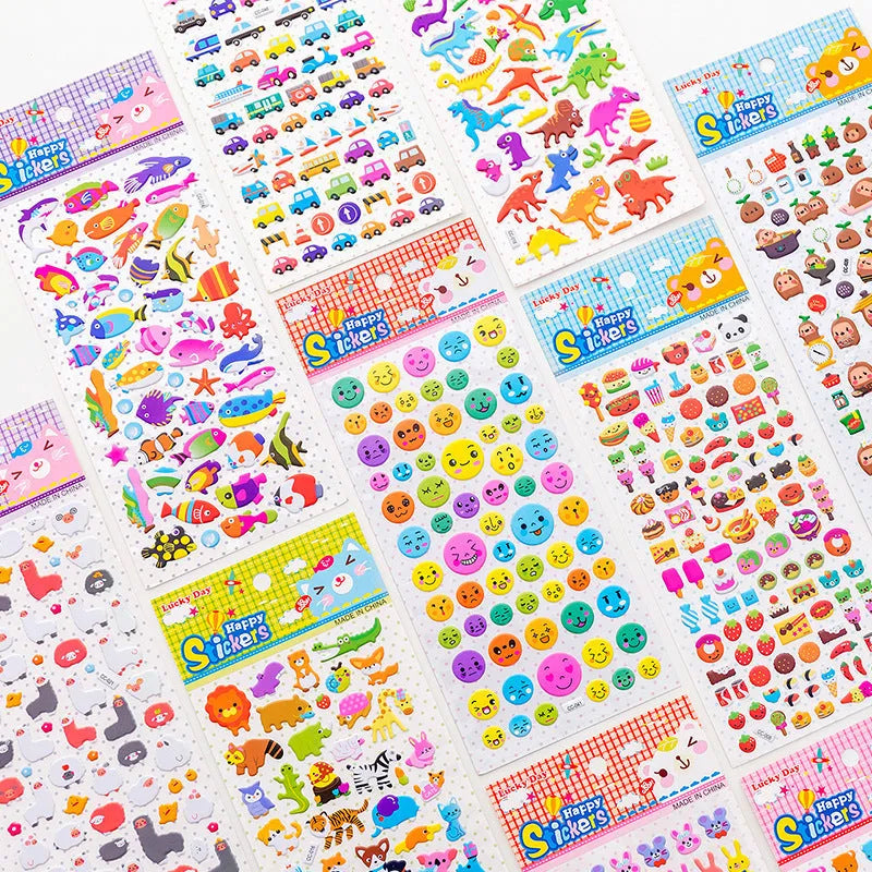 Sheet of cartoon-themed three-dimensional bubble stickers with raised surfaces on various designs like an alpaca, dinosaur, and bow tie cat.