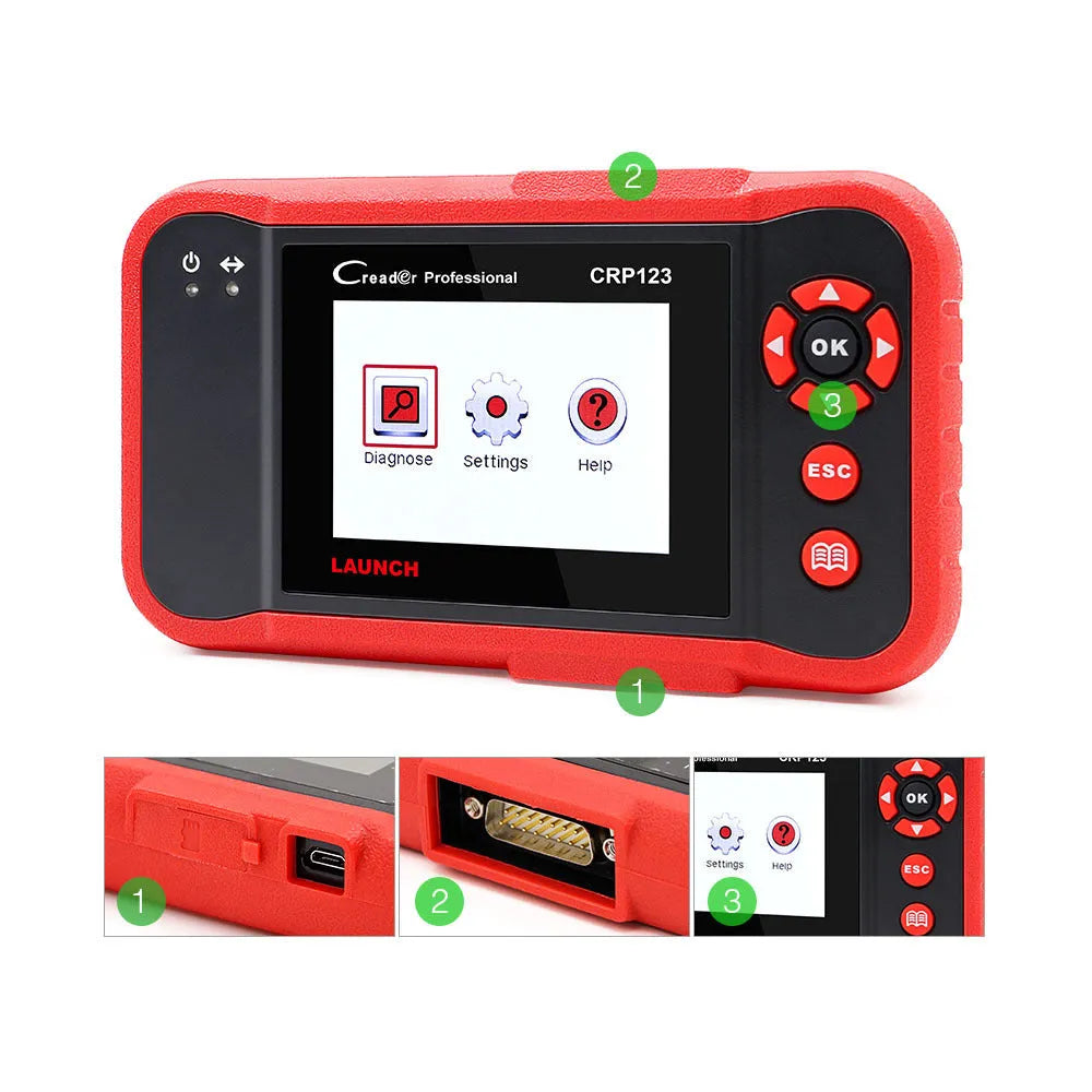 CRP123 automotive fault detector diagnostic tool scanner with cables and accessories for vehicle system analysis