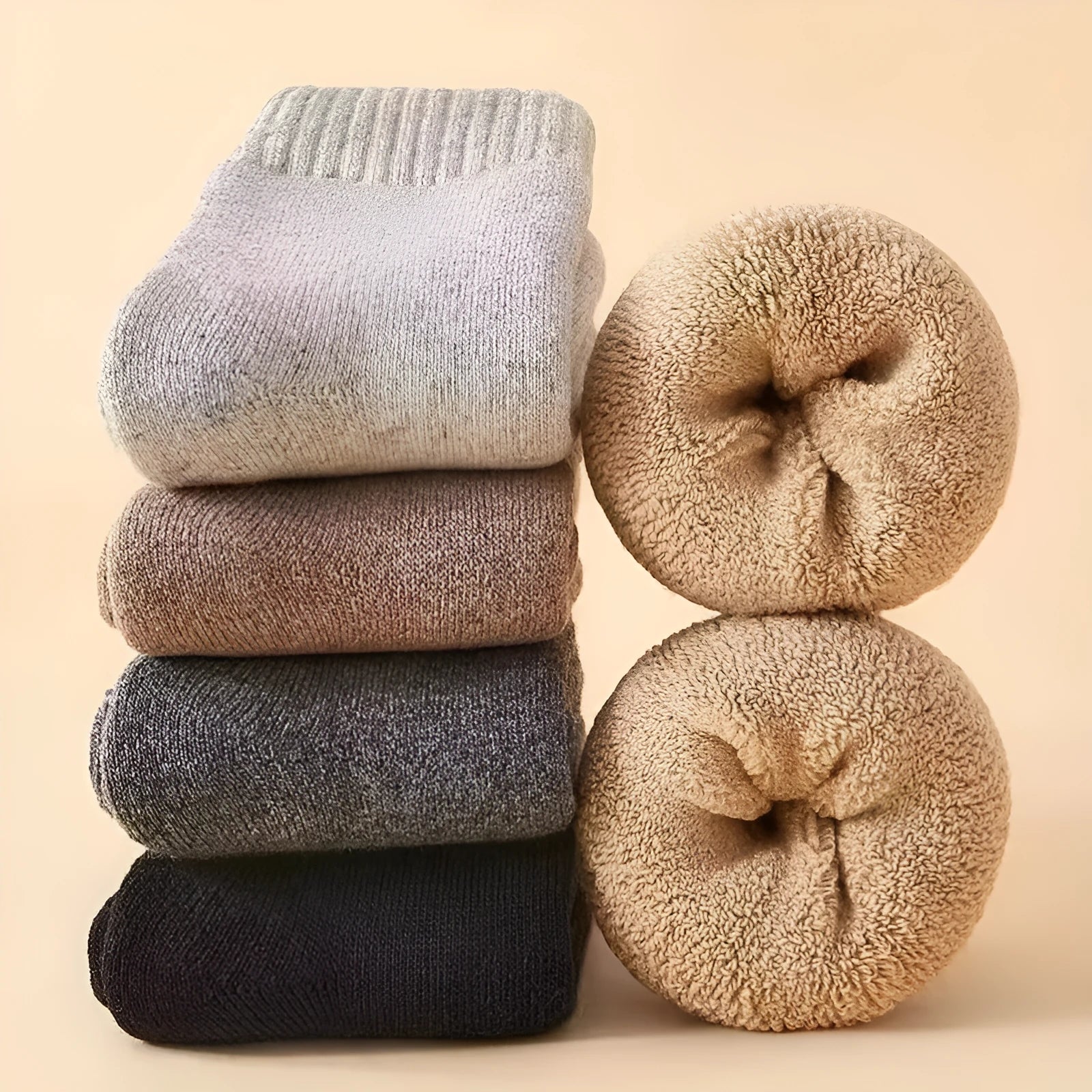 Pair of thick grey winter wool socks with a cushioned merino midsole, folded next to their presentation box.