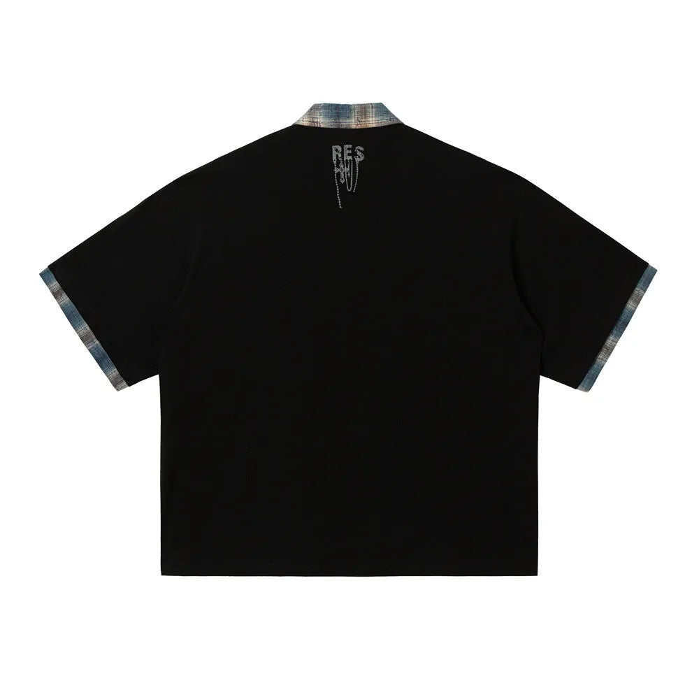 Men's blue graffiti print short-sleeve top with lapel collar, loose street style