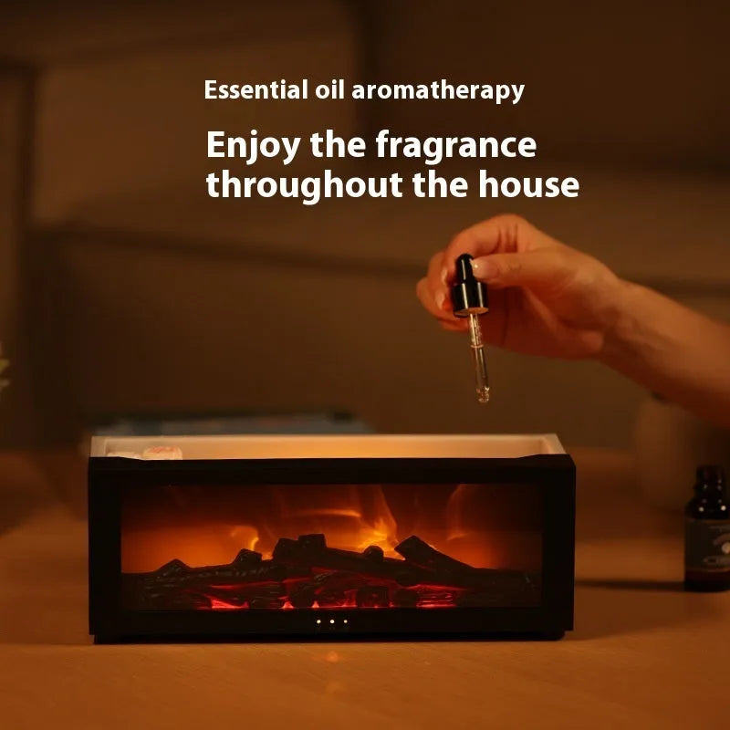 Square flame aromatherapy diffuser with 3D flame effect and seven colour LED mood lighting