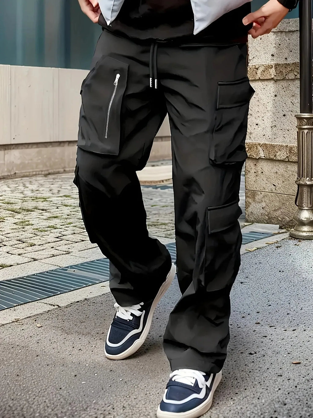 Spring autumn work pants youth slim-fit multi-pocket casual trousers in black