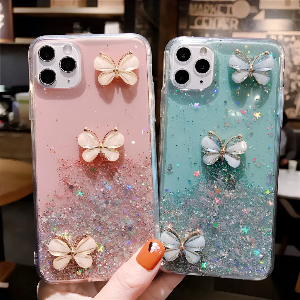 Butterfly starry sky glitter TPU phone case for iPhone, transparent back cover with drop protection